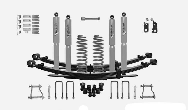 Suspension parts inclusive of shock absorbers, leaf springs, coil springs, u-bolts, shackles and bushes